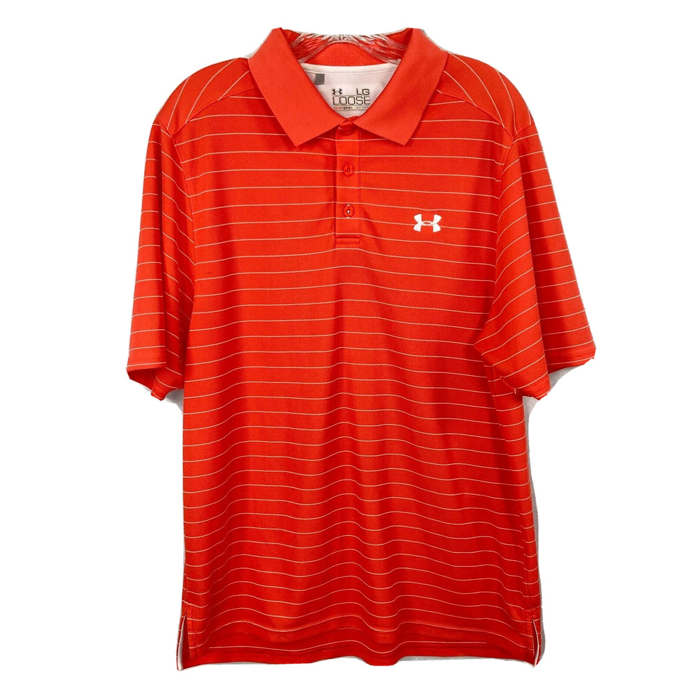 Under Armour Polo Shirt Mens Sz L Orange Striped Loose Heat Gear Tech Golf